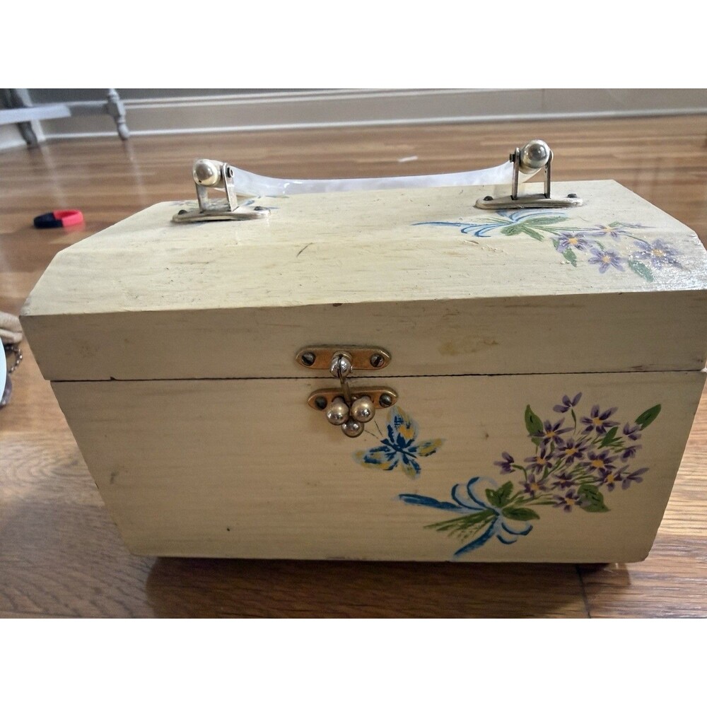 Vintage 1970s Wooden Box Purse Handbag Floral  Hand Painted